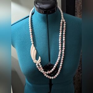 Angel Skin Coral Necklace With Carved Coral Piece, Double Strand, Square Beads